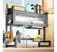 HPTHLY 2-Tier Over The Sink Dish Drainer Rack - Large Metal Drying Rack With Flip-Cover For Dishes, Glasses, Bowls & Cutlery - Kitchen Counter Organizer/Blac(Black-29.5In)