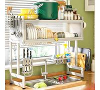 HPTHLY 2-Tier Over The Sink Dish Drainer Rack - Large Metal Drying Rack With Flip-Cover For Dishes, Glasses, Bowls & Cutlery - Kitchen Counter Organizer/Blac(White-25.6In)