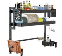 HPTHLY 2-Tier Over The Sink Dish Drying Rack With Cover - Stainless Steel Large Kitchen Shelf & Dish Drainer For Counter Organization - Space-Saving Storage(External Length 85Cm)