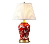 HPTHLY 55 * 33Cm Chinese Style Ceramic Table Lamp In Red Hand Painted Bedroom Bedside Lamp Large Oriental Ceramic Table Lamp With Pleated Bell Shape Lamp Sha(B)