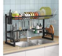 HPTHLY Adjustable 2-Tier Over-The-Sink Dish Drying Rack, 33.5-39.4" Stainless Steel Dish Drainer With Hooks & Utensil, Space-Saving Kitchen Organizer/C(B)