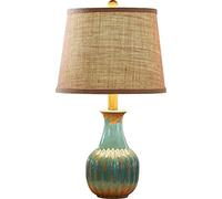 HPTHLY Bedroom Nightstand Lamps Handmade Blue Ceramic Desk Lamp Mid Century Modern Table Lamp Fabric Shade Decoration Lighting For Living Room Bedroom House