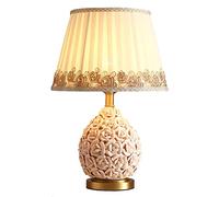 HPTHLY Bedroom Nightstand Lamps Rose Ceramic Table Lamp Rose Flower Decor Desk Light With Hand Carved Lace Fabric Lamp Shade European Romantic Girl Children'(Pink-C)