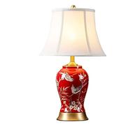 HPTHLY Bedside Lamp Table Lamp Chinese Ceramic Table Lamp Hand Painted Flower And Bird Glazed Nightstand Lamp Red For Bedroom Living Room Nightstand Lamp Tab(Remote Control Switch)