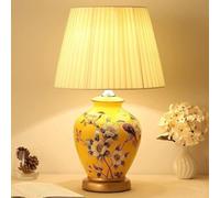 HPTHLY Chinese Style Yellow Ceramic Table Lamp Pastoral Ginger Jar Porcelain Desktop Light Modern Simple Bedroom Bedside Desk Lamp With Fabric Lampshade