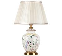 HPTHLY Chinoiserie Ceramic Table Lamp, American Flower&Bird Led Bedside Lamp, Classic White Fabric Lampshade Desk Nightstand Lamp For Bedroom Living Room Off