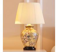 HPTHLY Chinoiserie Flower Table Lamp Beige Ceramic Table Lamp Vintage Rustic Porcelain Bedside Lamp Retro Bird Floral Desk Nightstand Lamp For Living Room Be(Gold Bird Pleated)