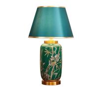 HPTHLY Chinoiserie Green Ceramic Table Lamp Hand-Painted Bamboo & Birds Design Nightstand Lamp With Green Fabric Shade For Bedroom, Living Room Study Room(D14.1*H24.4)
