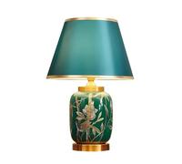 HPTHLY Chinoiserie Green Ceramic Table Lamp Hand-Painted Bamboo & Birds Design Nightstand Lamp With Green Fabric Shade For Bedroom, Living Room Study Room(D13*H18.9)