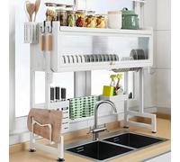 HPTHLY Large Over The Sink Dish Rack With Cover, 2-Tier Countertop Dish Organizer & Utensil, Space-Saving Drying Shelf For Kitchen/White/41.3In(White-29.5In)