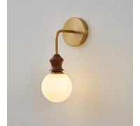 HPTHLY Mid-Century Globe Wall Sconce - Minimalist Bedside Lamp With Walnut Rubber Wood Accent, White E Fixture For Bedroom & Hallway Decor - Slish Lighting