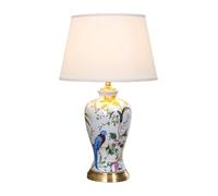 HPTHLY Modern Ceramic Table Lamp Flower & Bird Chinoiserie Nightstand Lamp White Fabric Lampshade For Bedroom Living Room Office