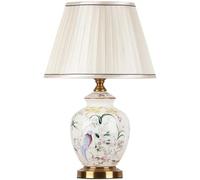 HPTHLY Modern White Ceramic Table Lamp Chinese Style Nightstand Lamp Hand-Painted Flowers And Birds Desktop Lamp With Fabric Wrinkles Shade For Bedroom Livin