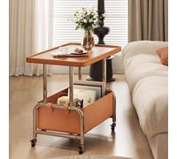 HPTHLY Movable Sofa Side Table Rolling NightStand Bedside Cart with Detachable PU Storage Basket Small End Table on Wheels for Bedroom Living Room (Brown 60x40x55CM)