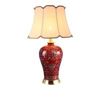 HPTHLY Red Ceramic Table Lamp Handmade Enamel Painting Bedside Desk Light Ginger Jar Design Desk Lamp With Cloth Shade For Bedroom, Living Room