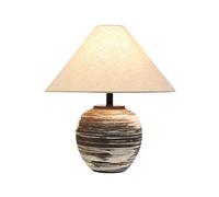 HPTHLY Rustic Ceramic Table Lamp Hand Drawn White Stripe Desk Nightstand Lamp Farmhouse Ceramic Lamp Body Reading With Linen Shade For Bedroom Living Room Ho(D14.1*H15.7)
