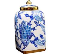 HPTHLY Tea Jar,Ceramic Tea Jar,Vintage Chinese Style Storage Jars Blue And White Square Porcelain Ginger Jar With Round Lid, Square Lidded Jar With Decor G(15.5 * 15.5 * 26Cm)