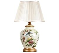 HPTHLY Traditional Chinoiserie Ceramic Table Lamp Hand-Painted Flower And Bird Bedside Nightstand Lamp With Fabric Lampshade For Bedroom Living Room Office