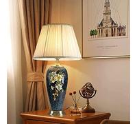 HPTHLY Vintage Bedside Lamp Chinese Ceramic Table Lamp Creative Hand Painted Enamel Nightstand Lamp Brass Base With Fabric Shade Table Lamps For Bedroom,Push(Dimmer Switch)