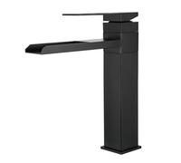 HPTHLY Waterfall Bathroom Basin Mixer Tap - Black & Gold Brushed Stainless Steel - Single Lever Faucet with Ceramic Valve for Modern Luxury Design (Black Low)