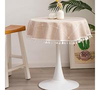 Hpxrom Lattice Rustic Farmhouse Round Tablecloth Cotton Linen Light Brown Dust-Proof Washable Boho Embroidery Table Cover Heavy Weight Table Cloth for Party Kitchen Dining Tabletop Decoration 48 Inch