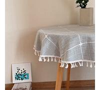 Hpxrom Round Lattice Small Tablecloth Cotton Linen Grey Dust-Proof Washable Boho Embroidery Table Cover Rustic Table Cloth for Coffee Party Kitchen Dining Tabletop Decoration 36 Inch