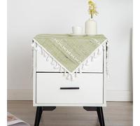 Hpxrom Rustic Bedside Square Small Tablecloth Striped Embroidered Washable Sage Green Table Cover Farmhouse Stitching Tassel Table Cloth for Nightstand Cabinet Tabletop Decoration 24 x 24 Inch