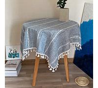 Hpxrom Rustic Linen Square Small Tablecloth Striped Embroidered Washable Blue Table Cover Farmhouse Stitching Tassel Table Cloth for End Table Kitchen Dining Room Tabletop Decoration 36 x 36 Inch