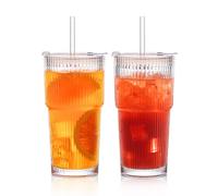 HQAYHSZD 2 x 600 ml ribbed with lid and straw, Leak-proof, Coffee, Iced Coffee, with Straw and Lid for Iced Coffee, Cocktail, Tea, Smoothie