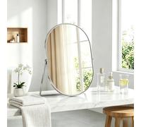 HQAYHSZD Metal Frame Oval Vanity Mirror, 360° Rotation Tabletop Makeup Mirror, HD Explosion-Proof Cosmetic Mirror for Bedroom Bathroom Dorm Desk, Portable Shaving Mirror for Women Men (silver)