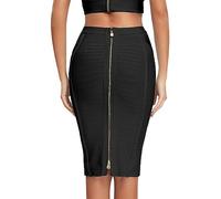 HQBORY Women's Black Striped Bandage Skirt, High Waist, Knee Length, Size M