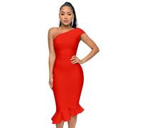 HQBORY Women's Mermaid One Shoulder Bodycon Bandage Dress Midi Party Cocktail Dress, Red, L