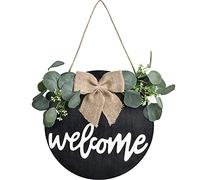 HQdeal Welcome Sign for Front Door, Ructic Round Wood Welcome Wreaths Porch Haning Vertical Sign, White Wooden Farmhouse Signs Porch Decorations with Bow and Flowers, 12 x 12 Inch (Black)