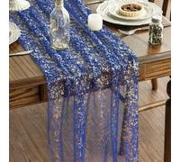 HQHYGM Artoid Mode 3PCS Blue Gold Gauze Table Runner 120 Inch 10FT, Glitter Metallic Foil Sheer Dining Wedding Anniversary Holiday Table Decor for Home Party