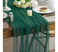 HQHYGM Artoid Mode 6PCS Dark Green Gauze Table Runner 120 Inch 10FT, Seasonal Sheer Kitchen Dining Holiday Wedding Birthday Baby Shower Table Decor for Home Party