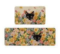 HQHYGM Artoid Mode Black Cat Floral Flowers Spring Kitchen Mats Set of 2, Home Decor Low-Profile Kitchen Rugs for Floor - 17x29 and 17x47 Inch