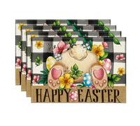 HQHYGM Artoid Mode Buffalo Plaid Bunny Egg Flowers Happy Easter Placemats Set of 4, 12x18 Inch Spring Seasonal Table Mats for Party Kitchen Dining Decoration