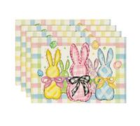 HQHYGM Artoid Mode Colorful Buffalo Plaid Bunny Rabbits Happy Easter Placemats Set of 4, 12x18 Inch Seasonal Spring Holiday Table Mats for Party Kitchen Dining Decoration