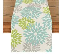 HQHYGM Artoid Mode Green Dahlia Floral Pinnata Summer Table Runner, Spring Kitchen Dining Table Decoration for Home Party Decor 13x72 Inch