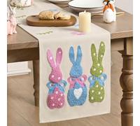 HQHYGM Artoid Mode Pink Blue Green Soft Chain Embroidery Rabbit Bunny Happy Easter Table Runner, Seasonal Spring Kitchen Dining Table Decoration for Home Party Decor 13x72 Inch