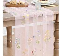 HQHYGM Artoid Mode Wildflower Floral Light Pink Gauze Embroidery Table Runner 120 Inch 10FT, Tulle Seasonal Spring Kitchen Dining Table Decor for Home Party