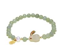 HQHYGM Bracelet Natural Jade Bracelet 6Mm Hetian Jade Beads Freshwater Pearl Gilded Sterling Silver Inlaid Feng Shui Rabbit Lucky Charm Elastic Bracelet for Good Luck Money Prosperity