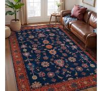 HQHYGM Tangsoo Floral Area Rug 4x6 Machine Washable Red Blue Rug Non-Slip Vintage Distressed Boho Print, Low Pile Carpet for Living Room, Bedroom, Dining Room, Pet & Child Friendly (Red Blue)
