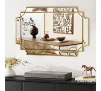 HQiJun Gold Mirror for Wall, 36x24 Gold Wood Framed, Scalloped Beveled Polished Rectangle Mirror, Large Decorative Mirrors for Wall Decor, Irregular Mirror for Living Room, Bathroom Vanity, Entryway
