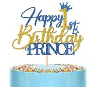 HQKJGSYX 1PCS 1st Happy Birthday Prince Cake Toppers One Cake Topper Blue and Gold Glitter Happy Birthday Cake Toppers Decor Boy One Year Old Party Decorations Supplies