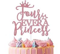 HQKJGSYX 1PCS Four Ever Princess Cake Topper Happy Birthday Cake Toppers Rose Gold Glitter Princess Cake Decoration for Four Years Old Girl Little Princess 4st Birthday Decoration Supplies