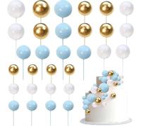 HQKJGSYX 24 PCS Balls Cake Topper Happy Birthday Cake Topper DIY Cupcake Blue and White Paired With Gold Foam Balloons Cake Toppers for Girls Boys Baby Shower Birthday Wedding Party Decor Supplies