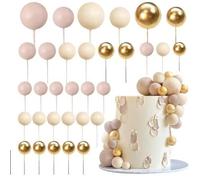 HQKJGSYX 32 PCS Ball Shaped Cake Topper Happy Birthday Cake Topper Beige Paired With Golden Foam Balls Cake Cake Insert Topper for Baby Shower Birthday Party Anniversary Wedding Decor