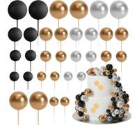 HQKJGSYX 32 PCS Ball Shaped Cake Topper Happy Birthday Cake Topper Black Silver Paired With Gold Foam Balls Cake Cake Insert Topper for Baby Shower Birthday Party Anniversary Wedding Decor