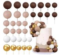 HQKJGSYX 32 PCS Ball Shaped Cake Topper Happy Birthday Cake Topper Coffee White Paired With Gold Foam Balls Cake Cake Insert Topper for Baby Shower Birthday Party Anniversary Wedding Decor